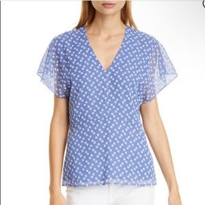 Lewit Periwinkle Blue V-Neck Polka Dot Flutter Sleeve Blouse M